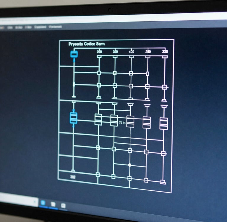 Macro close-up of a clean system architecture diagram on a monitor, reflecting subtle blue ambient screen glow, sharp focus, 35mm
