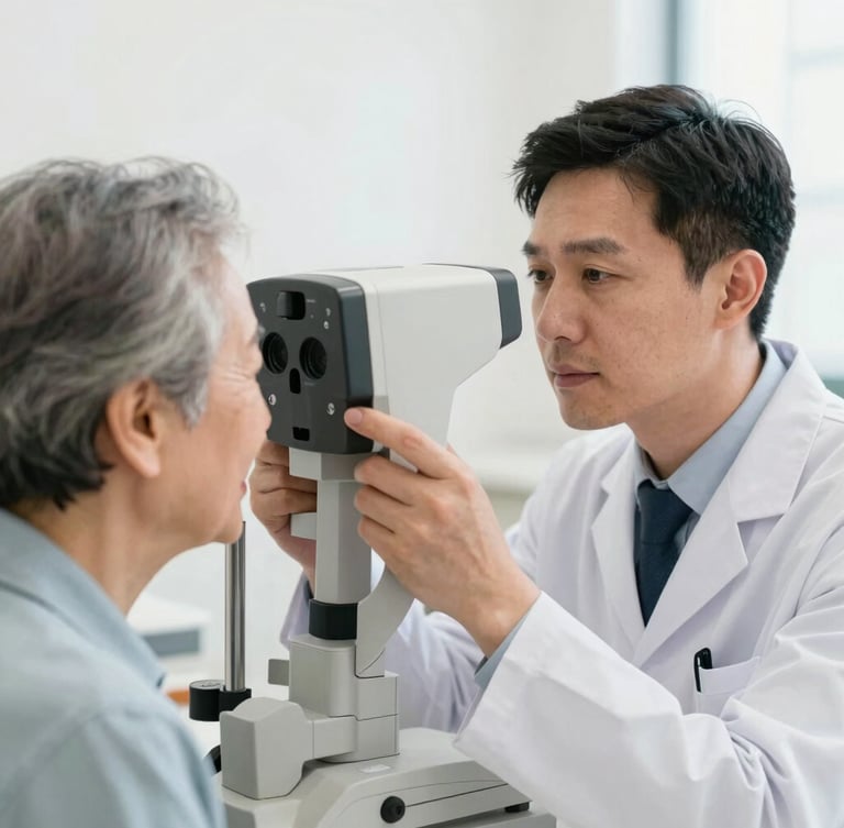 Medium close-up of a professional optometrist adjusting a modern digital phoropter for an elderly patient, bright natural indoor lighting, clean clinical setting, authentic interaction.