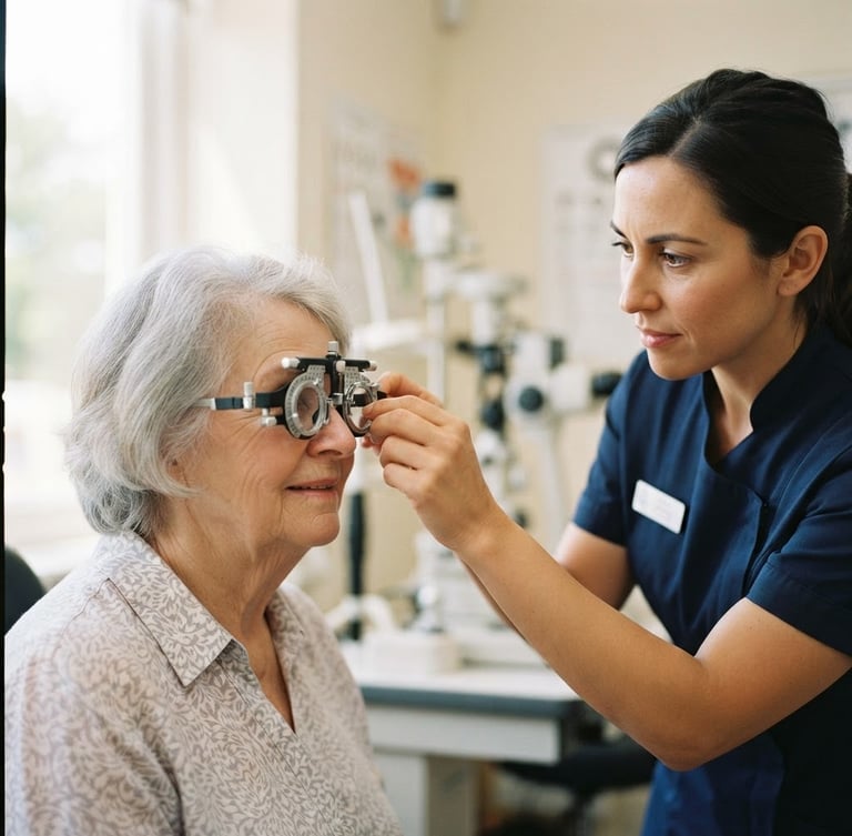 Medium close-up of a professional optometrist adjusting a modern trial frame on an elderly patient, bright natural indoor lighting, authentic patient-professional interaction, 35mm lens, shallow depth of field.