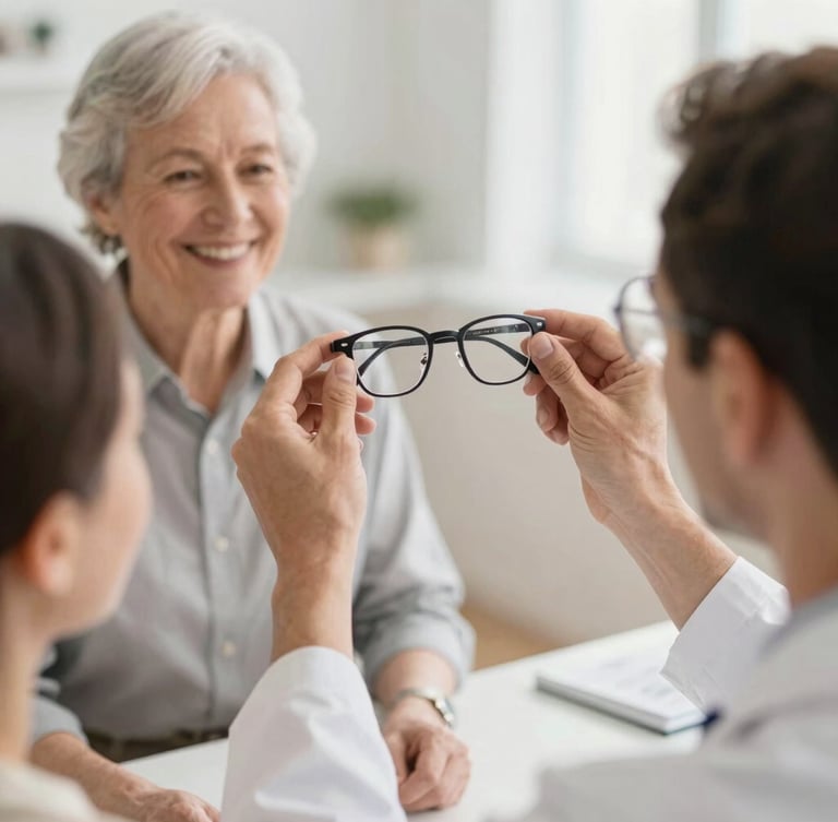 Hands of an optician adjusting a pair of modern glasses for an elderly smiling patient in a brightly lit community space, warm natural light, shallow depth of field.