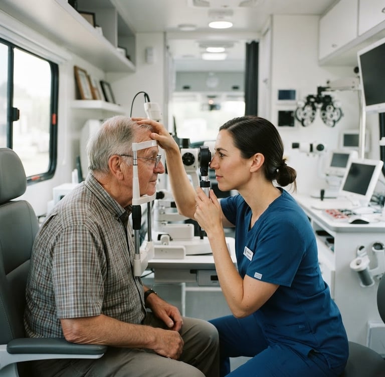 Wide editorial shot of an optometrist examining an elderly patient inside a modern, brightly lit mobile clinic, professional optical equipment, soft natural light, 35mm lens, shallow depth of field.