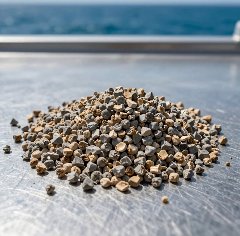 Macro close-up of dry agricultural fertilizer granules of Urea and NPK, high-contrast industrial laboratory lighting, sterile steel gray background, 35mm.