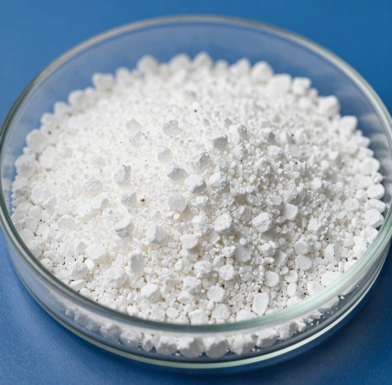Macro close-up of clean, uniform white Urea 46% fertilizer granules held in a sterile glass laboratory petri dish, bright clinical lighting, sharp focus on chemical texture.