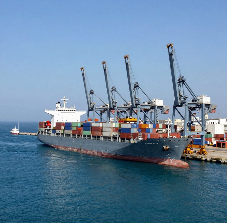 Wide-angle industrial environmental shot of Casablanca port, massive bulk container ship docked at daylight, heavy cranes loading dry-bulk cargo, deep ocean blue water and steel gray hulls.