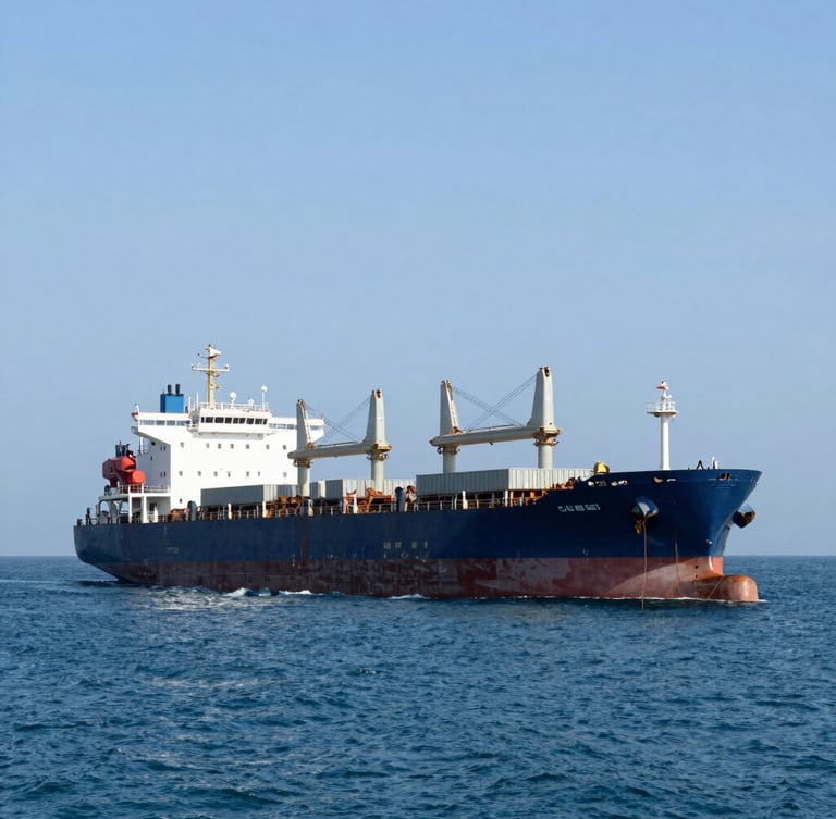 Wide-angle portrait shot of a massive bulk carrier vessel loading dry cargo at the Casablanca terminal under bright daylight, industrial maritime photography.