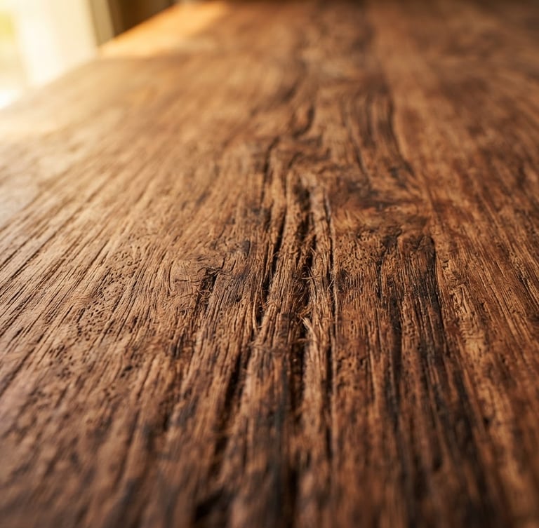 Macro photography of rich Brazilian hardwood grain, warm afternoon window light highlighting the natural texture and matte finish, 35mm lens, architectural interior context.