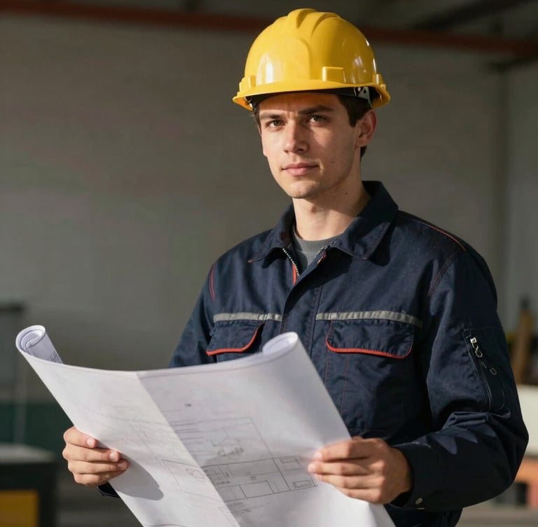 Portrait of a young adult in safety gear holding blueprints, confident expression, natural dramatic side-light