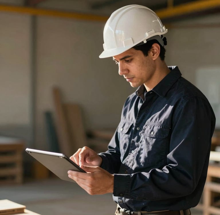Candid, respectful portrait of a mentor in a hardhat guiding a young adult over a digital blueprint tablet, natural side-lighting, professional tone