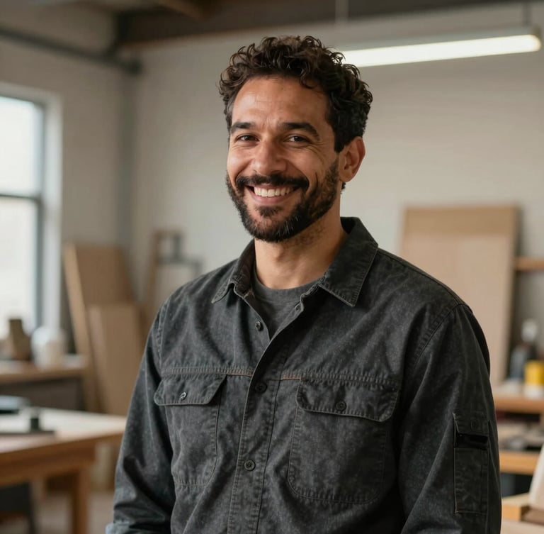 A candid medium portrait of a diverse male mentor smiling warmly in a modern workshop, wearing a charcoal work shirt, soft natural side lighting
