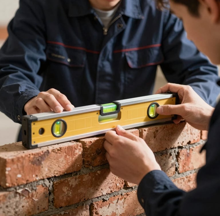 Close-up of hands-on vocational training, a young adult holding a spirit level against a newly laid brick wall, dramatic side-lighting, sharp focus on texture