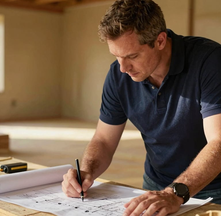 A close-up portrait of a mentor guiding a young adult over a construction blueprint, natural side-lighting, warm gold tones, sharp focus, 35mm lens