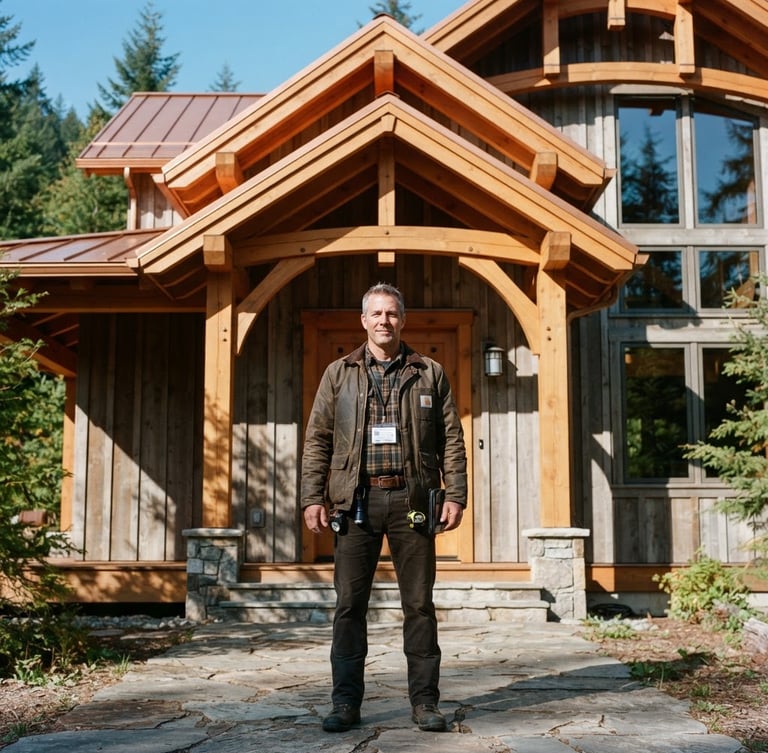 A straight-on architectural portrait of a certified home inspector in a rugged canvas jacket standing in front of a modern timber-frame cabin, hard natural sunlight casting sharp shadows, warm wood tones, 35mm.