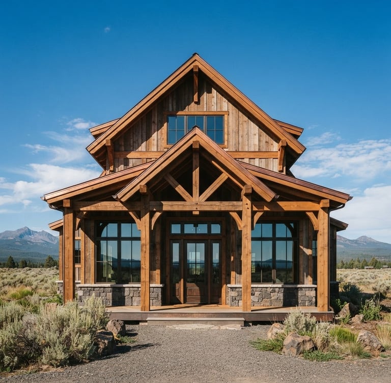 Straight-on sharp architectural shot of a timber-framed home against a wide Oregon high-desert sky, hard natural sunlight casting crisp shadows, warm wood tones, 35mm