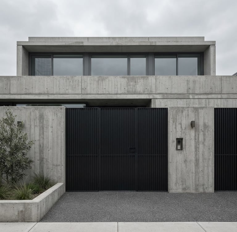 Frontal orthogonal architectural photography of a modern concrete minimalist residence facade, matte black steel automatic gate integrated seamlessly, overcast soft daylight, desaturated industrial tones, 35mm lens