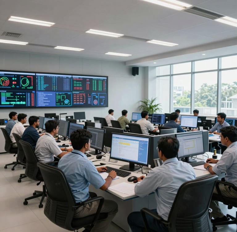 A wide-angle, brightly lit modern operational control center in Bangalore with engineers monitoring system health dashboards on multiple clean screens, cool natural daylight.