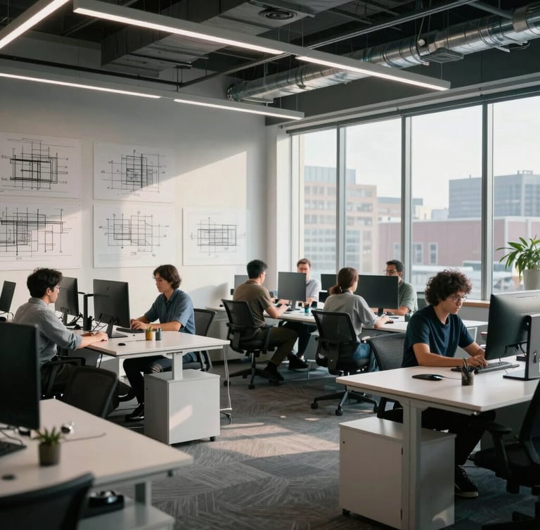 A wide environmental shot of a modern collaborative engineering office in Philadelphia, clean desks, architectural diagrams visible on a glass wall, natural cool morning light.