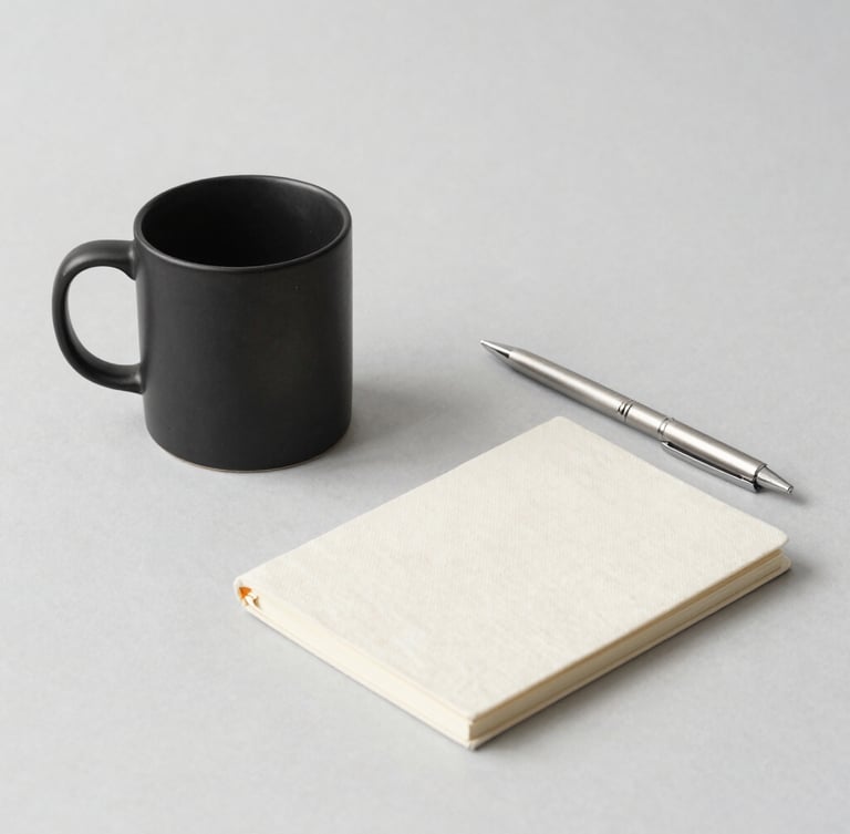 A minimalist flat-lay of a matte black ceramic mug, a brushed aluminum pen, and an organic cotton notebook on a neutral gray background, clean studio lighting, soft shadows