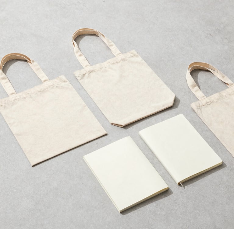 Minimalist studio flat-lay of custom organic cotton tote bags and notebooks arranged on a light gray concrete surface, bright high-key lighting, soft shadows
