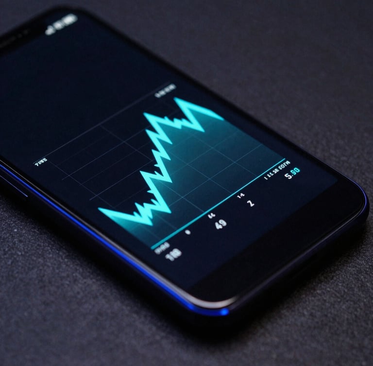 Extreme close-up of a matte-black Android smartphone screen displaying a high-contrast cyan vector system telemetry graph, moody low-key lighting with electric blue rim reflections on the glass edge, dark slate background.