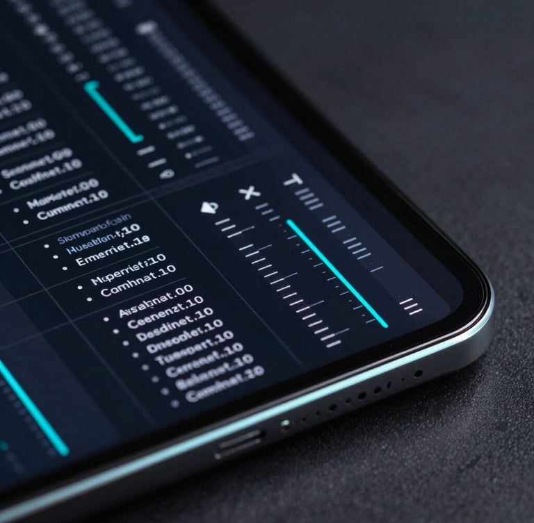 Macro angled shot of a dark-mode Android screen displaying a high-density vector UI schematic of system performance metrics, subtle electric-cyan rim light reflecting off the glass edge, dark slate background.