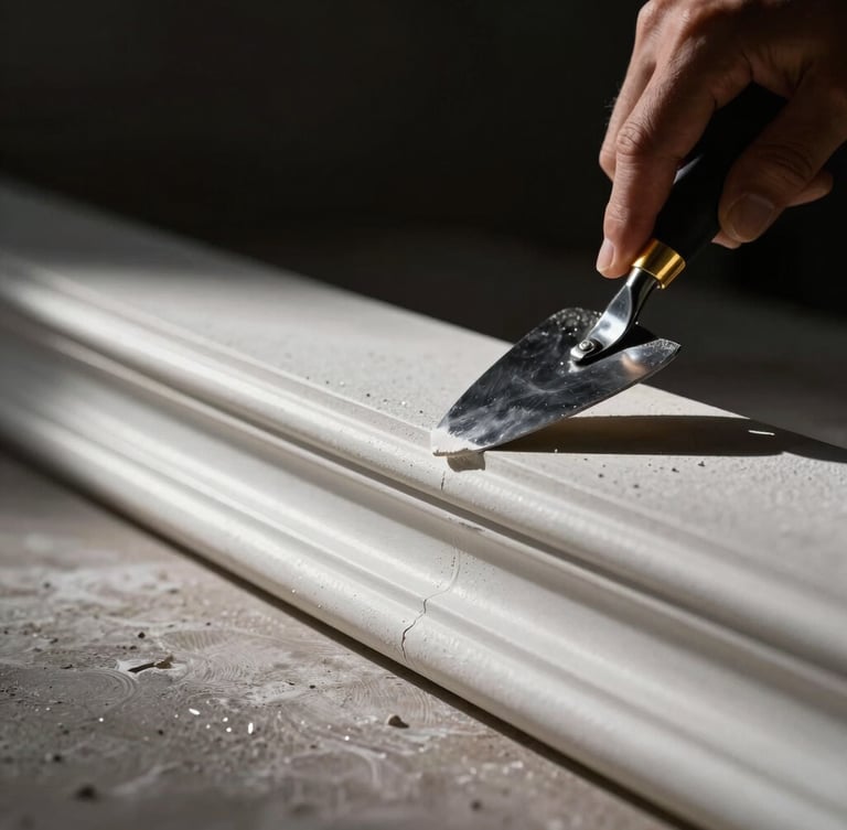 Close-up of a craftsman's hand using a steel trowel to finish a wet white plaster molding, sharp raking side light highlighting the texture, dark background, high-contrast