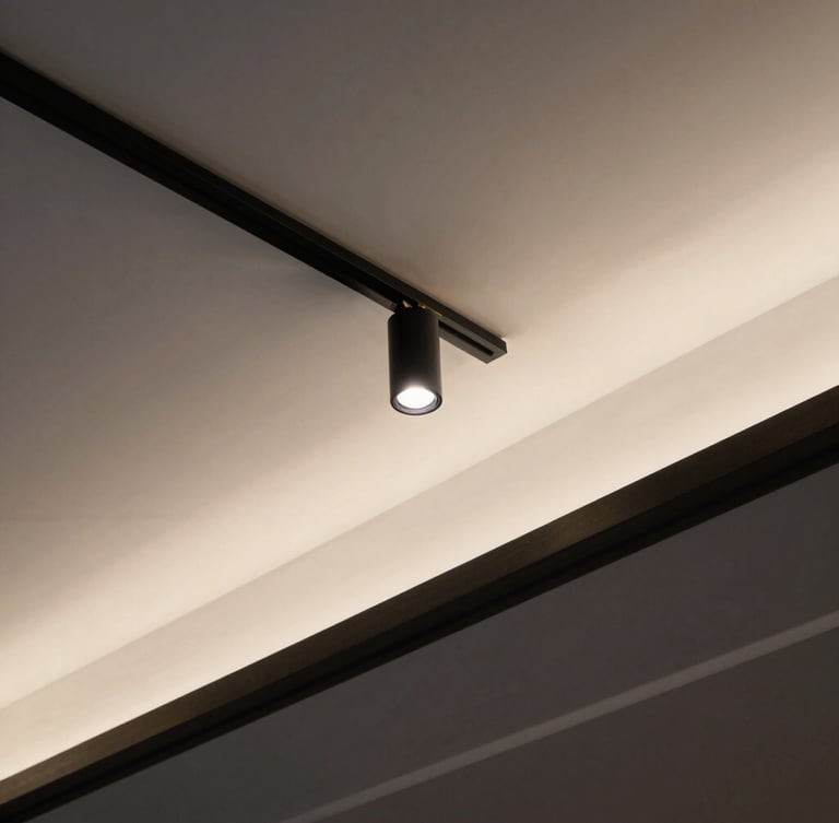 Low-angle architectural photograph of a monolithic plaster cove ceiling, warm integrated lighting casting soft shadows on crisp white plaster, 35mm