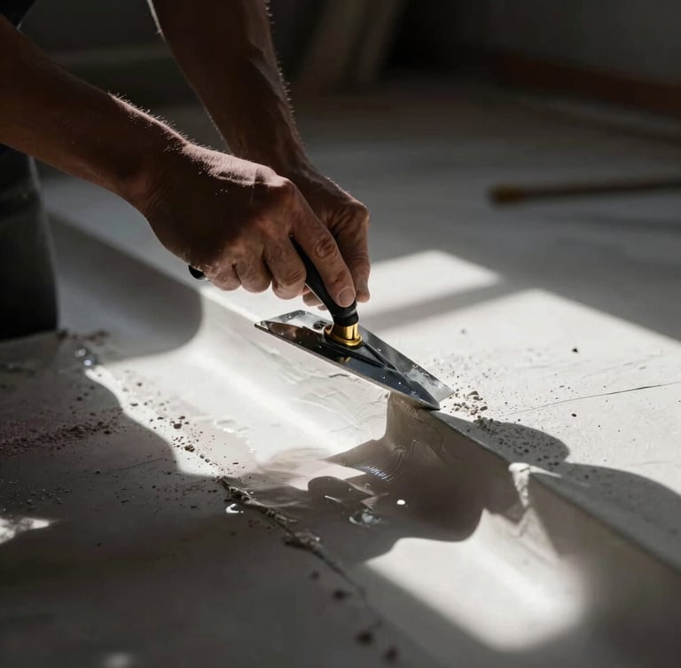 A master craftsman's hands using a steel trowel to finish a wet plaster curve, dramatic side lighting, high contrast white plaster and dark shadows, 35mm