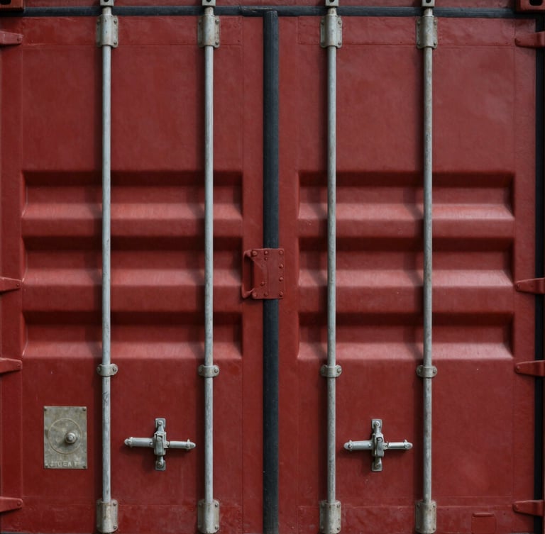 Close-up of secured shipping container latches and custom seals, sharp industrial photography, deep crimson tones, high-contrast daylight