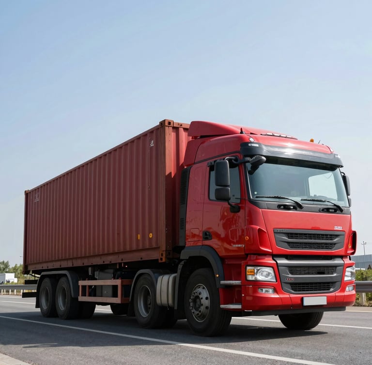 Low-angle heroic shot of a heavy-duty red cargo truck transporting a shipping container on a highway, high-contrast crisp industrial daylight.