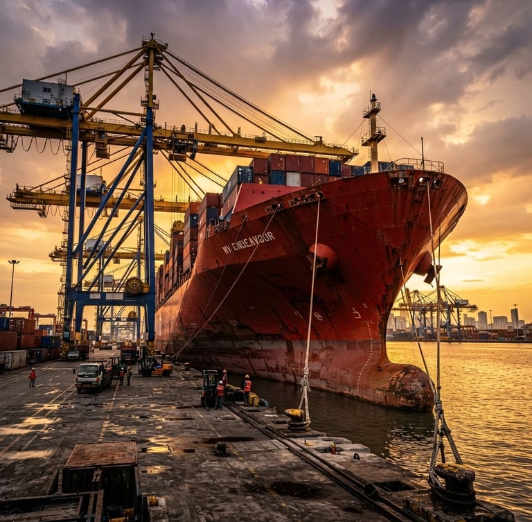 Low-angle heroic shot of a massive red cargo container ship docked at Tanjung Priok port, high-contrast dramatic golden hour lighting, sharp industrial photography