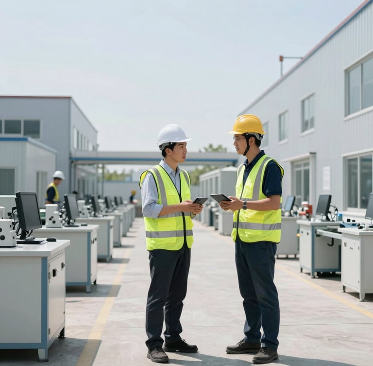 Wide shot of an operations engineer in a high-visibility vest talking with a technician on a factory floor, clear daylight, cool tones, industrial background, 35mm