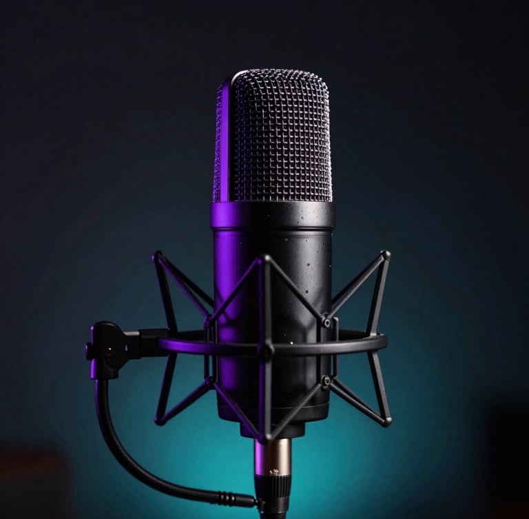 High-contrast low-key photography of a professional podcast microphone with neon purple rim light, dark studio background with subtle cyan ambient glow, sharp focus.