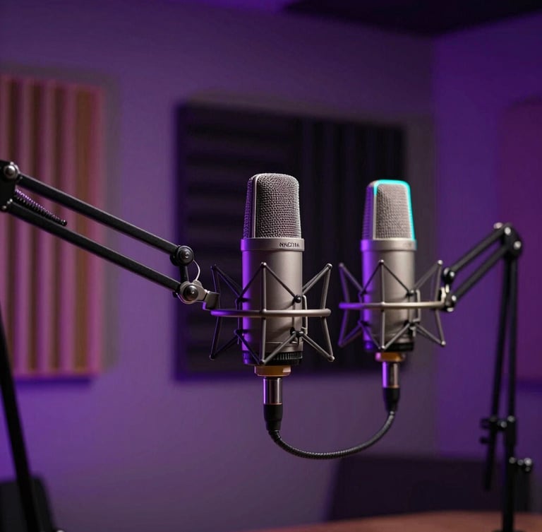 A professional podcast studio recording setup, dynamic neon purple and cyan rim lighting, high-end microphones on boom arms, acoustic panels in the background, low-key atmospheric lighting