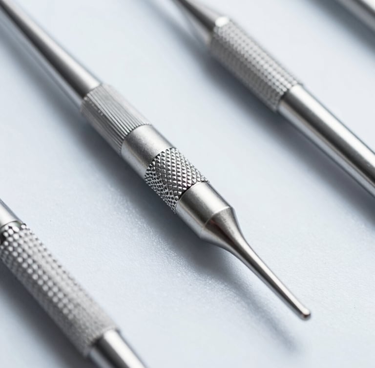 Extreme macro detail shot of matte-finish titanium dental instruments on a sterile white surface, cool clinical light, sharp shadows, high-key studio lighting