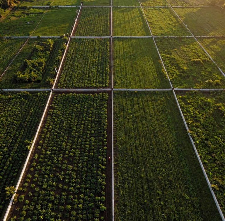 Low-altitude golden hour drone view of a lush South Indian farmland plot, perfectly demarcated with crisp white boundary markers, deep green soil, expansive negative space on the right.