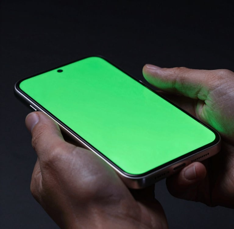 Low-key dramatic studio shot of a developer's hands holding a modern Android device, vibrant neon green screen glow reflecting off metallic edges, macro lens, 35mm