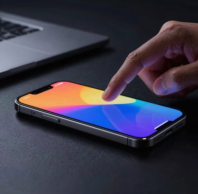 Low-key dramatic studio shot of a developer's hands interacting with a physical Android device, vibrant OLED screen glow reflecting off metallic and glass surfaces, macro lens