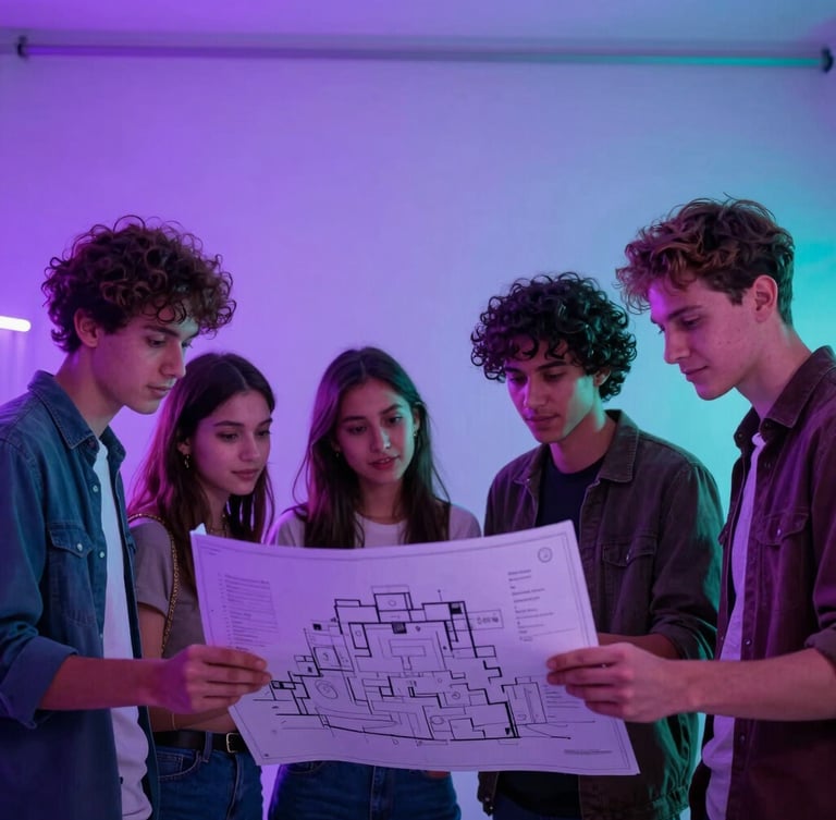 A warm-toned candid portrait of four young creative event organizers looking over blueprints in a studio with neon purple and cyan backlighting, authentic and friendly, 35mm