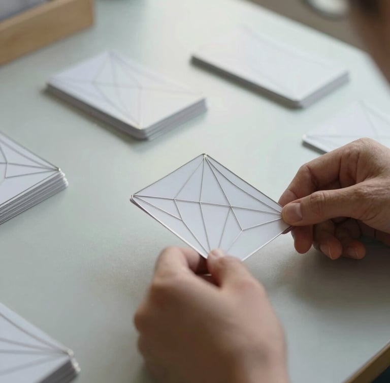 A close-up macro shot of hands organizing clean geometric wireframe cards on a light gray architectural table, soft diffused natural morning light, highly focused composition.