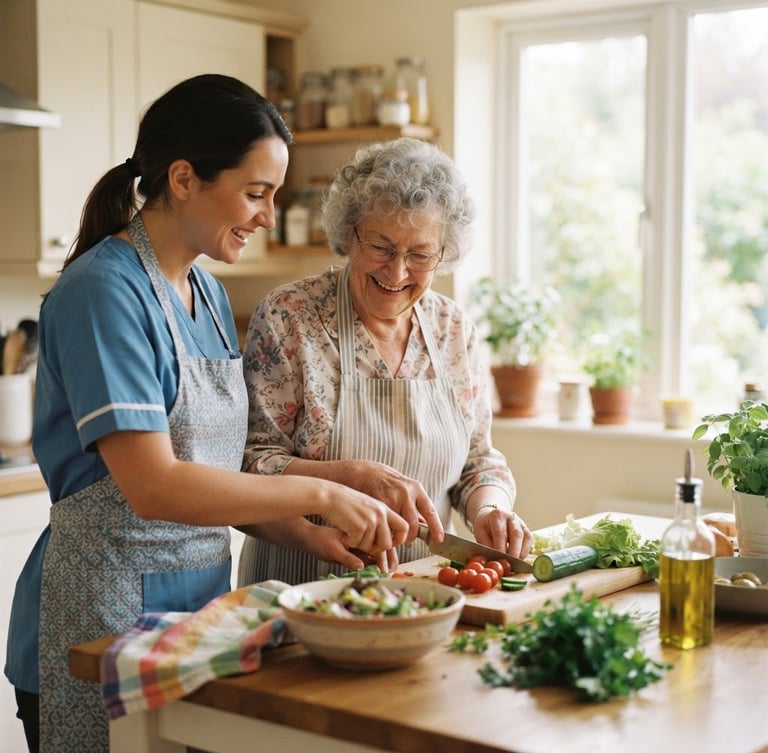 Medium shot of a professional caregiver and a senior woman preparing a light meal together in a bright, sunlit kitchen, soft natural window lighting, shallow depth of field, authentic 35mm photography