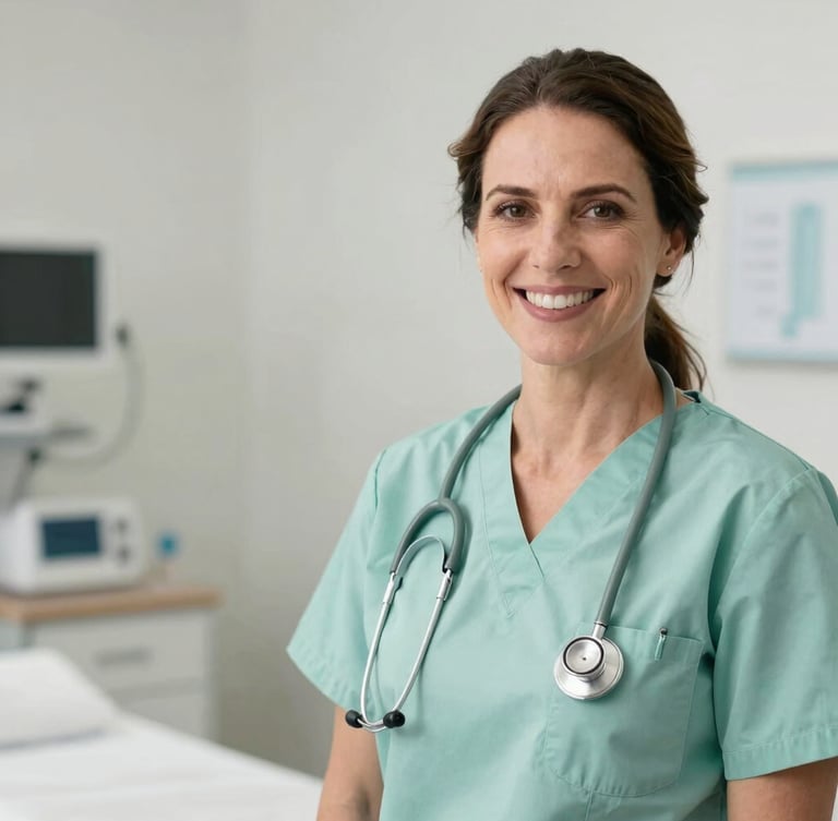 Dra. Alice Breda de Jesus, médica, sorrindo gentilmente em um ambiente clínico limpo, luz natural suave, vestindo jaleco, com um estetoscópio no pescoço. Foco em seu rosto e parte superior do corpo, com um fundo desfocado de um consultório moderno. A imagem deve ter um aspecto de retrato, com espaço negativo para a esquerda.