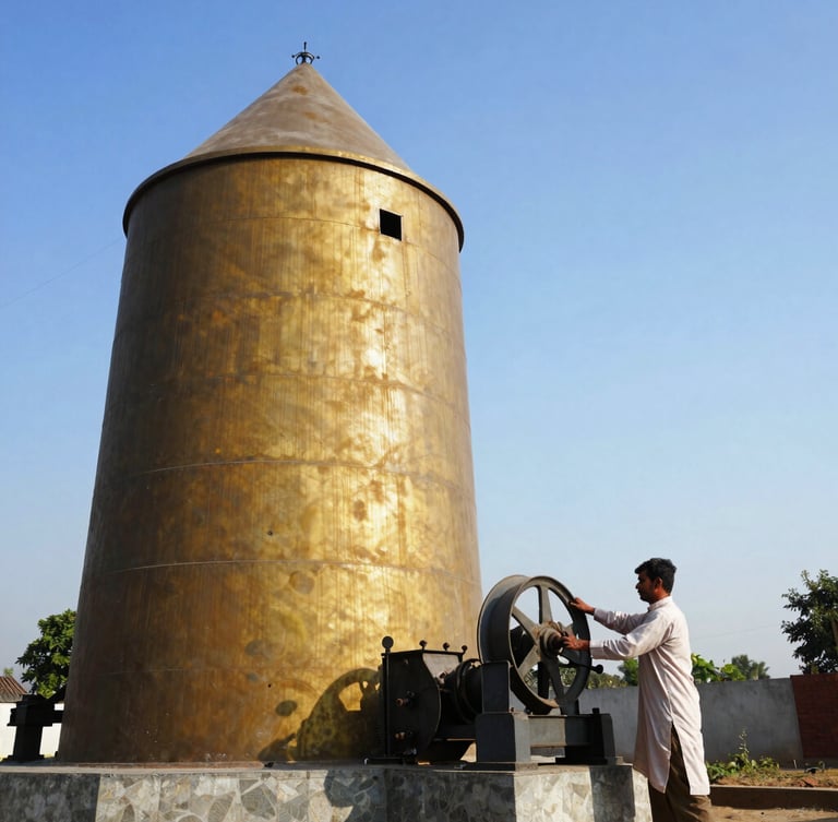 Crisp industrial portrait of a solar-powered flour mill in rural Uttar Pradesh, a local operator adjusting the machinery, bright direct sunlight, high-contrast blue and amber tones, 35mm