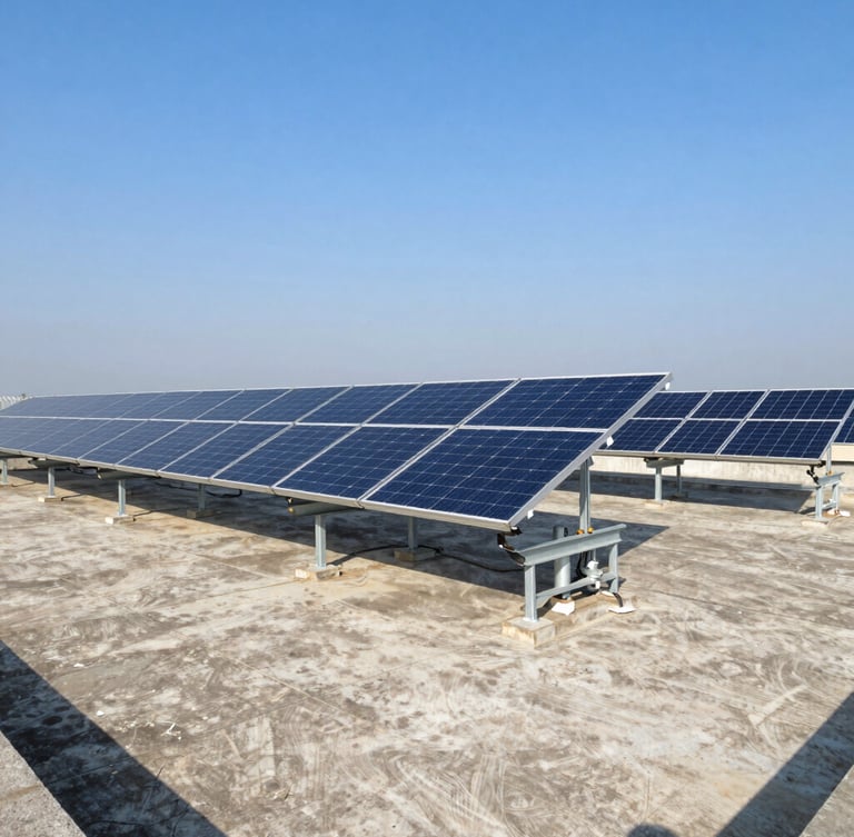 Wide-angle industrial rooftop solar installation in Kanpur, bright direct Indian sunlight, heavy-duty mounting structures on a concrete factory roof, clear blue sky