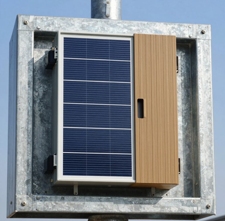 Close-up of a heavy-duty industrial solar inverter and variable frequency drive unit mounted on a robust galvanized steel structure, bright direct sunlight, sharp focus