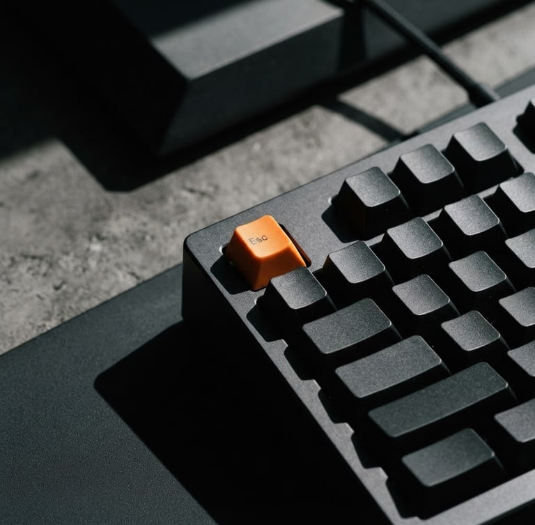 Close-up of clean mechanical keyboard setup with high-contrast studio lighting, sharp shadows, minimalist monochrome composition with a single orange keycap, 35mm photography