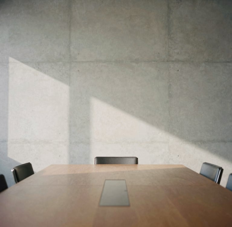 Minimalist architectural detail of an empty high-end boardroom, soft indirect daylight casting long shadows on a concrete wall, 35mm photography