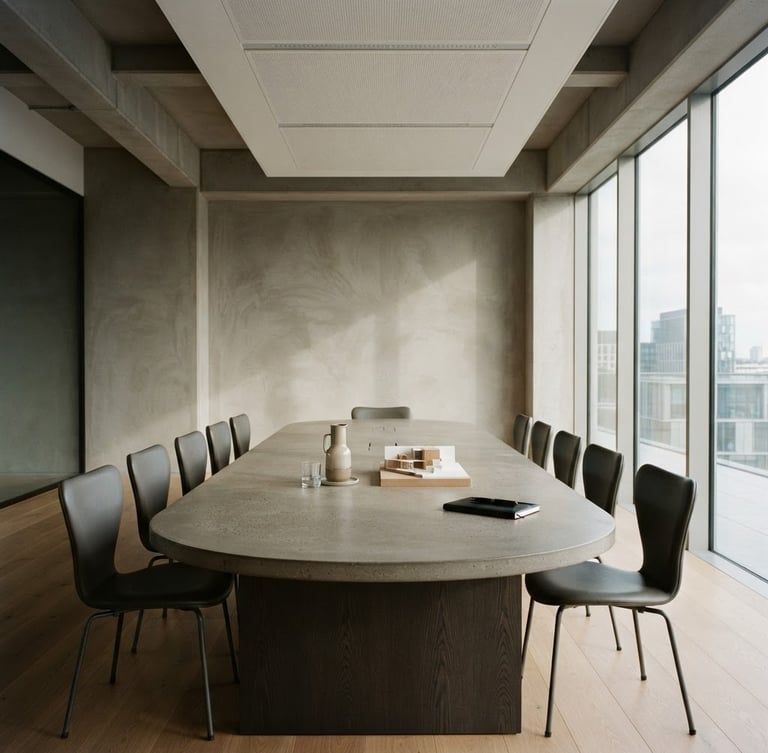 Minimalist editorial photography of a quiet, architectural corporate boardroom with soft indirect daylight casting subtle shadows on warm gray concrete walls, 35mm.