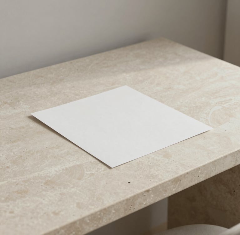 Tactile paper mockups and architectural details on a minimalist ivory stone desk under soft, low-contrast north-facing daylight, 35mm.