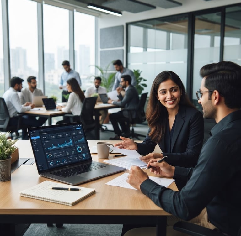 Medium close-up of a modern office in Gurugram, bright natural daylight, a clean desk with a laptop displaying a financial dashboard, professional CAs collaborating in the soft-focus background.