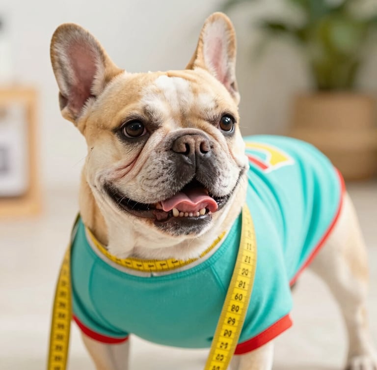 Close-up of a happy French Bulldog wearing a colorful custom teal shirt, being measured gently with a soft yellow tailor tape, warm natural daylight, soft focus background